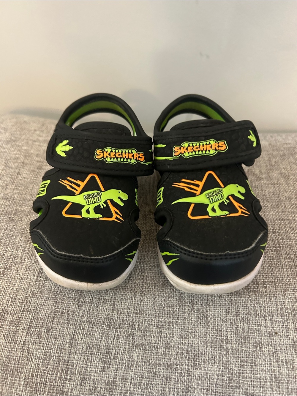 Skechers Kids Black and Neon Green Dinosaur Sandals
